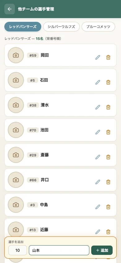 他チームの選手管理の画面