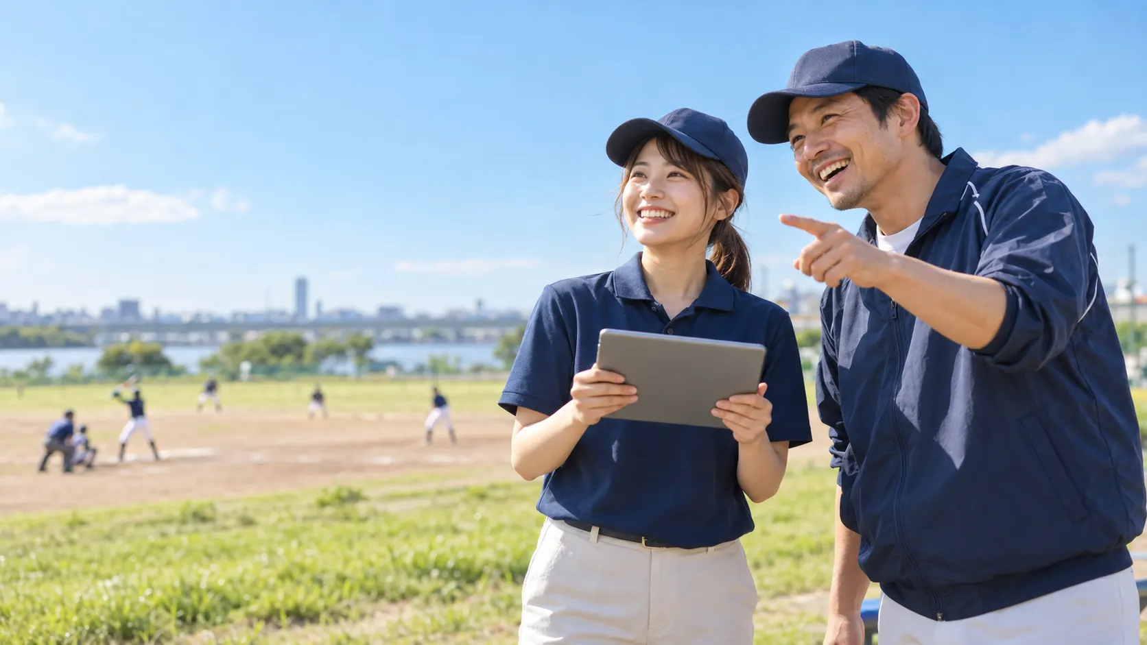 試合中、タブレットで記録しながら笑い合うマネージャーとコーチ