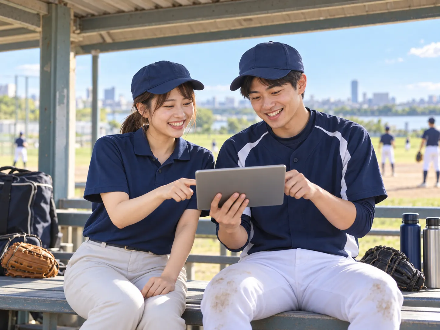ベンチでマネージャーと選手がタブレットを見ながら記録している様子